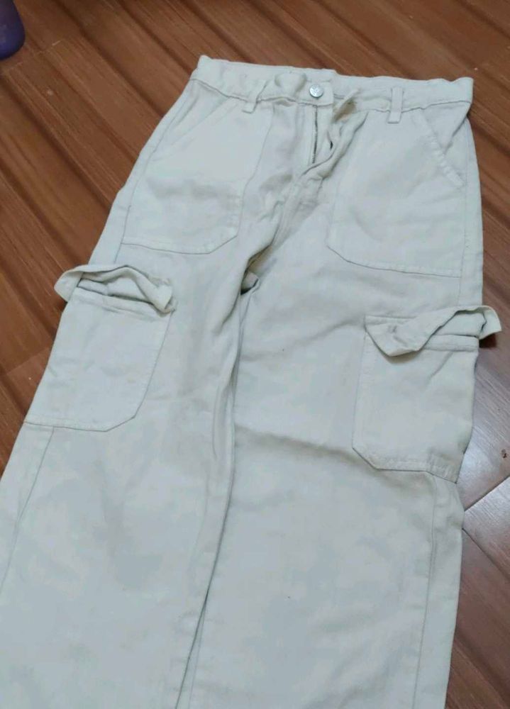 Denim Cargo Pants - Beige