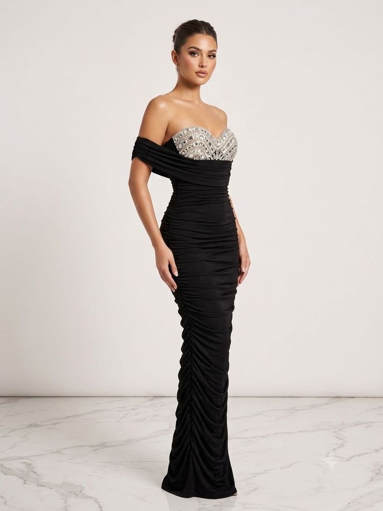 Stunning Black Ruched Off-Shoulder Gown