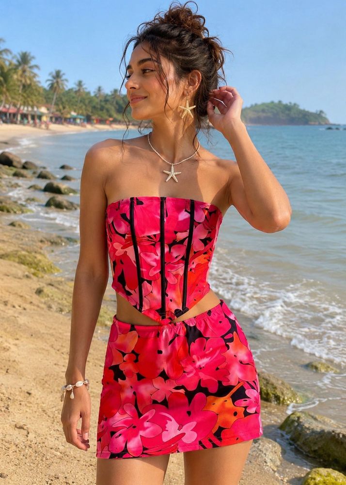 Vibrant Floral Corset &amp; Mini Skirt Set