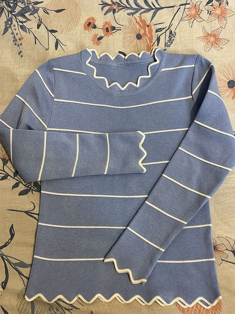 Cute Blue Striped Scalloped Top