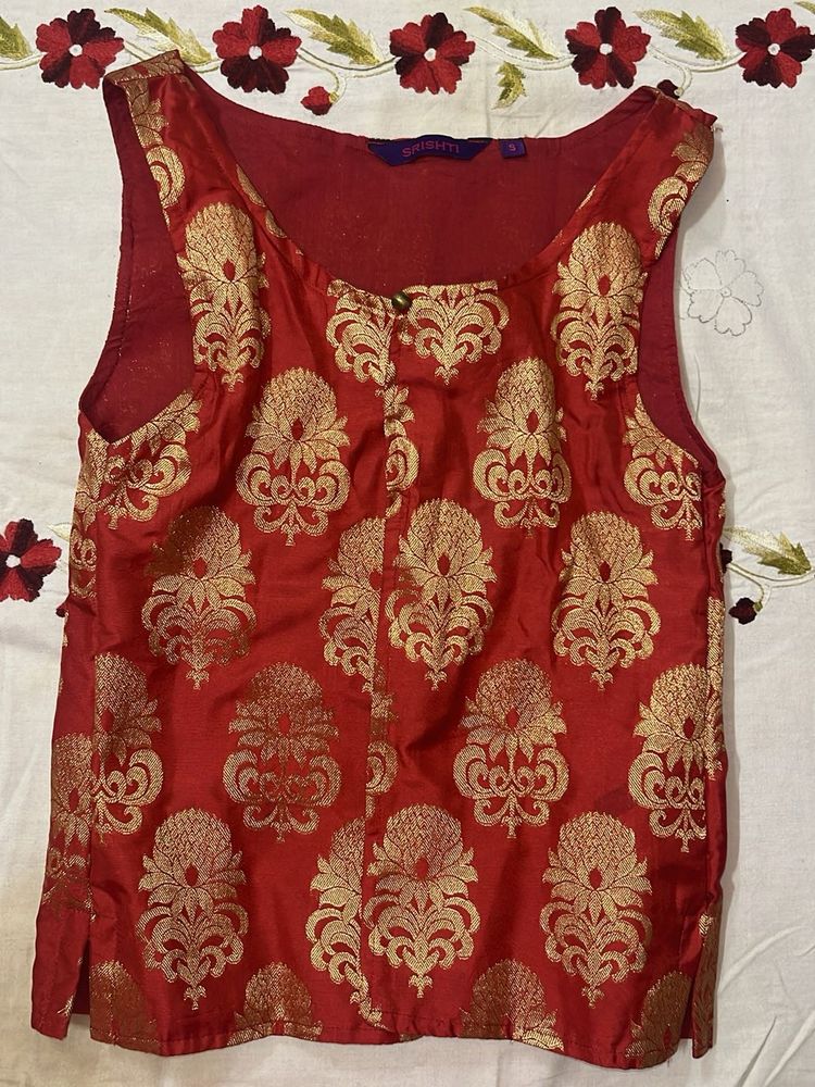 Red Brocade Sleeveless Blouse