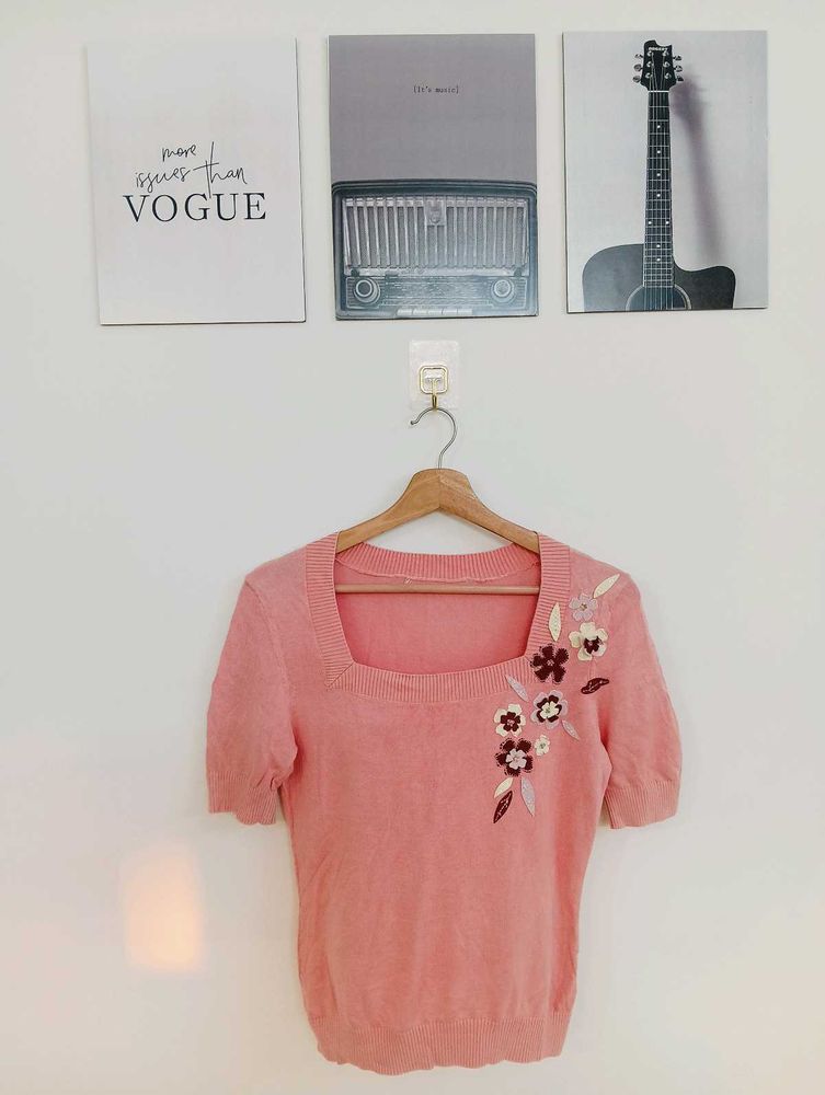 Chic Pink Floral Embroidered Square Neck Top