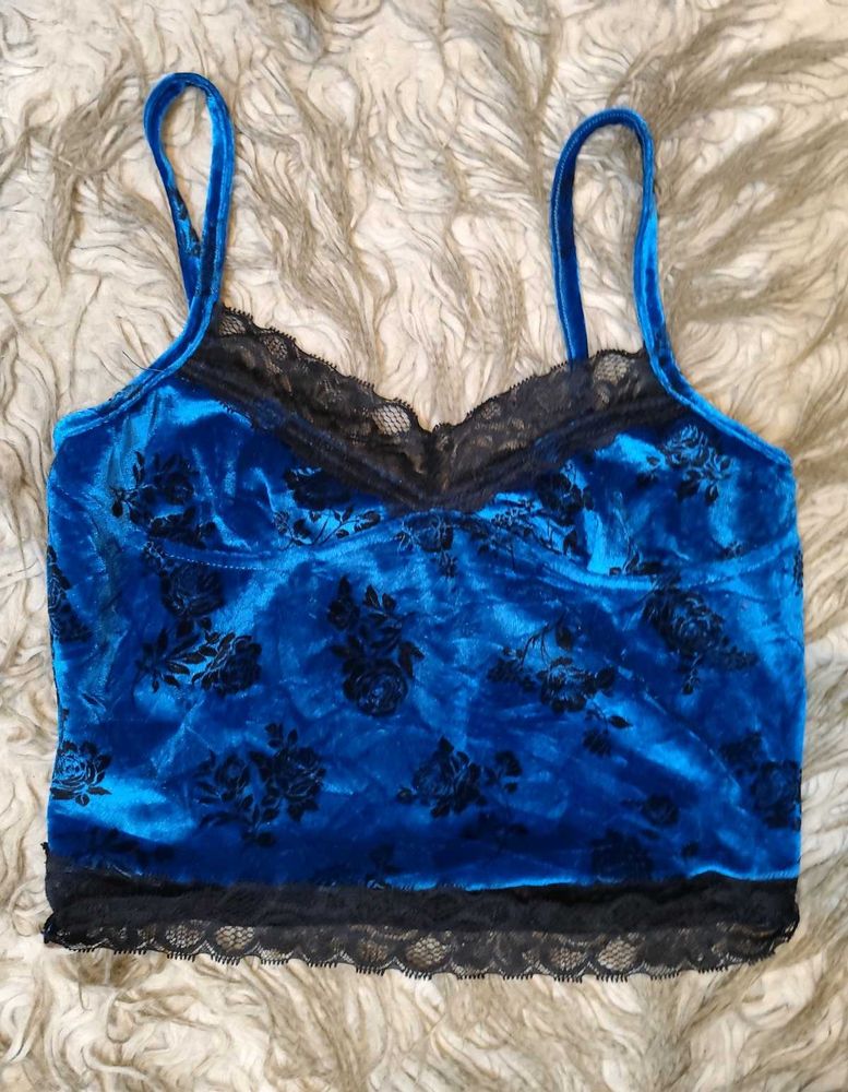 Blue Velvet Floral Lace Trim Cami