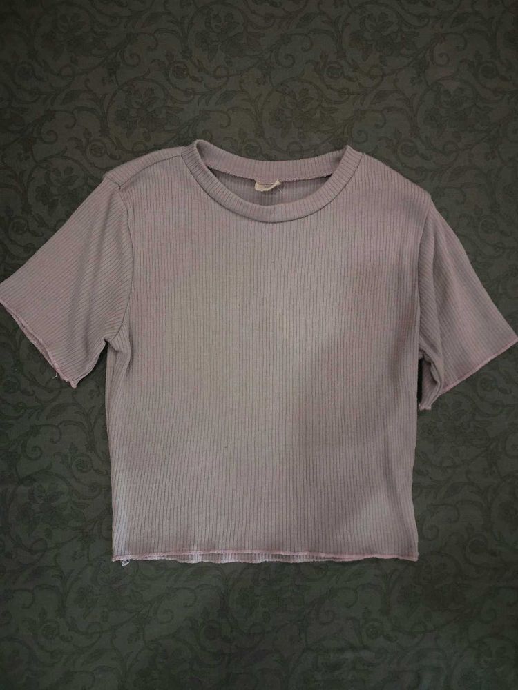 Ribbed Knit Cropped T-Shirt