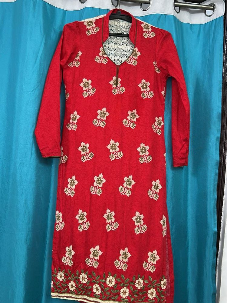 Red Floral Print Kurta