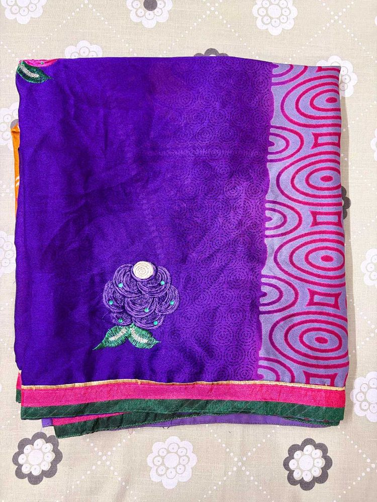 Purple Saree with Floral Embroidery