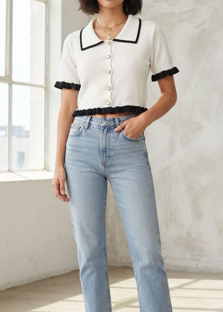 White Cropped Cardigan with Black Trim