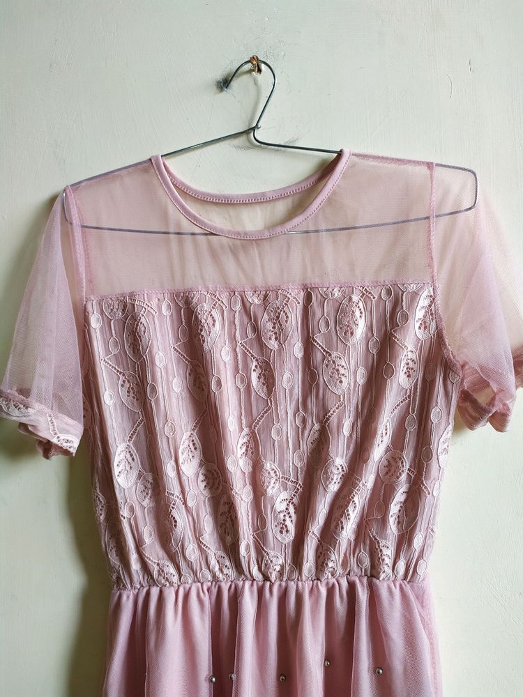 Romantic Pink Mesh &amp; Embroidered Midi Dress