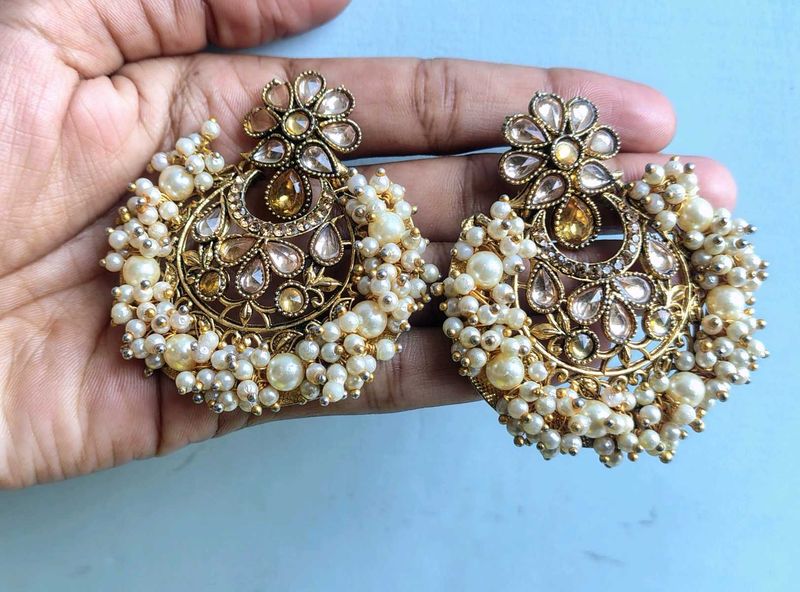 Exquisite Pearl &amp; Stone Jhumka Earrings