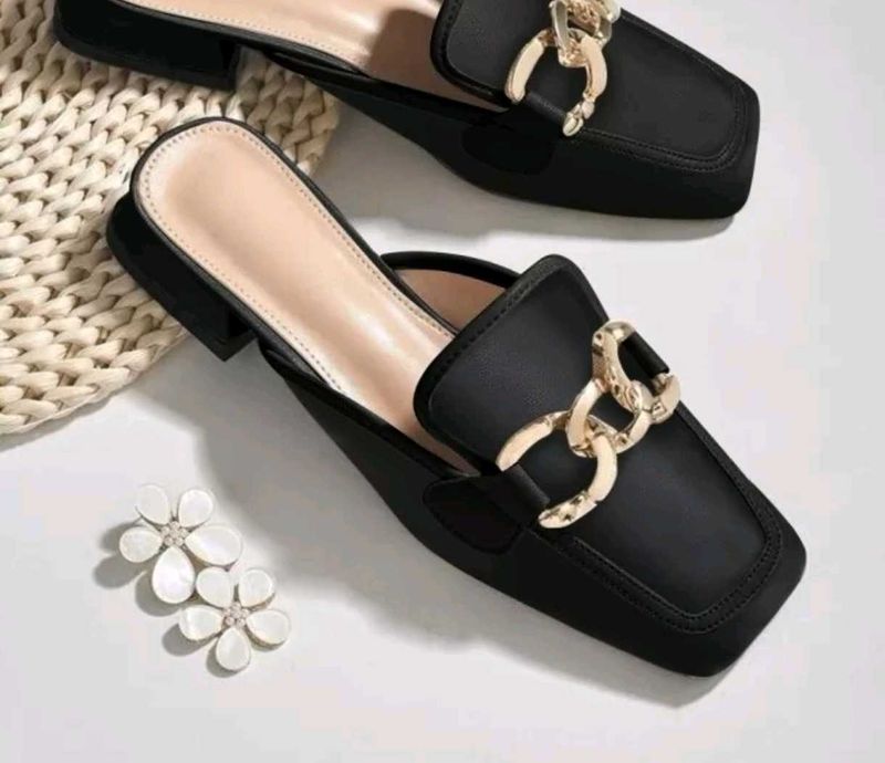 Black Mules with Gold Detail