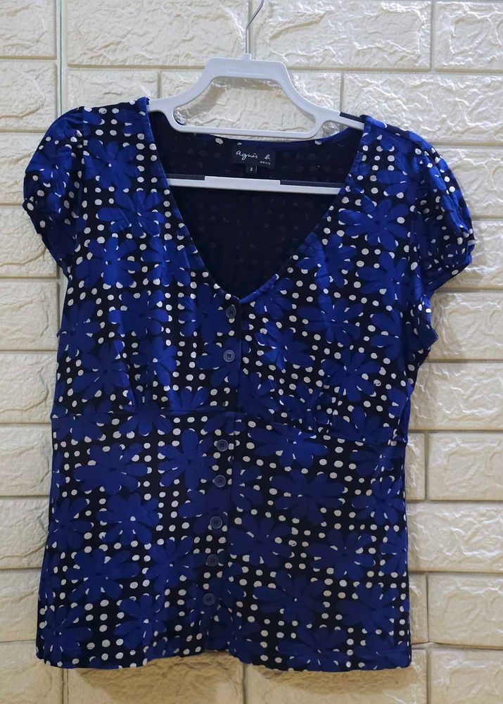 Agnes b. Blue Floral Print Button-Up Top