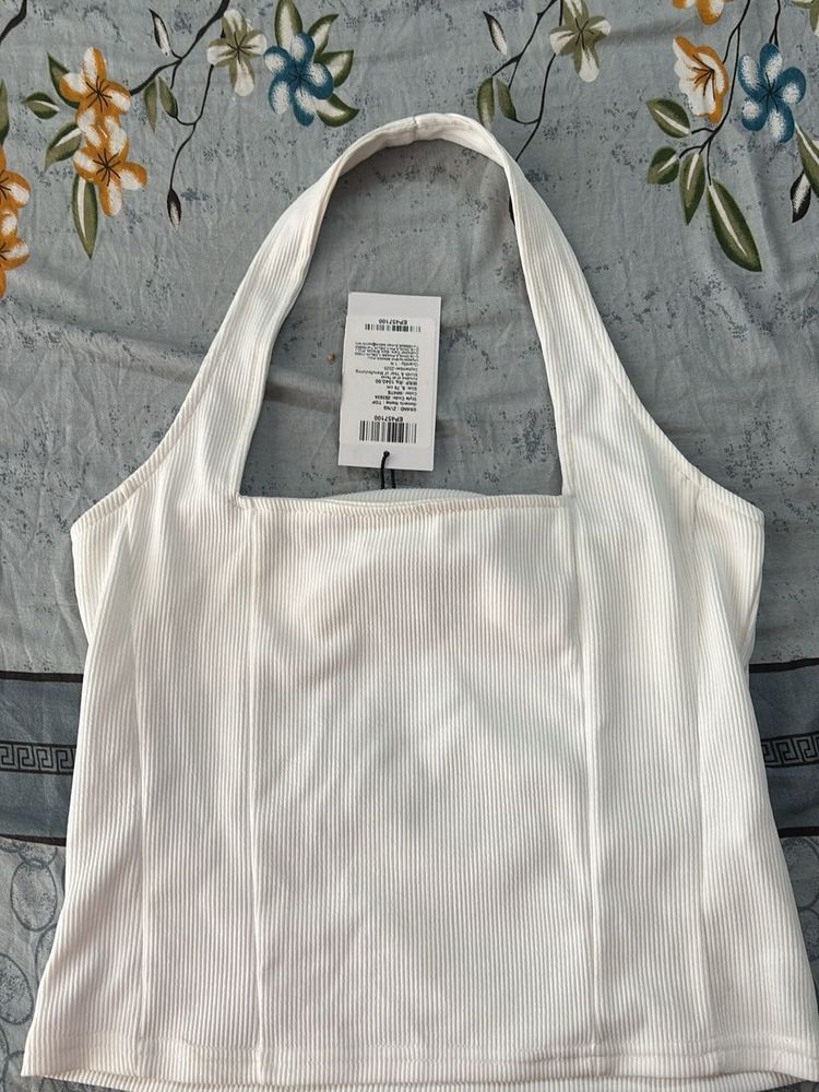 White Ribbed Halter Neck Top