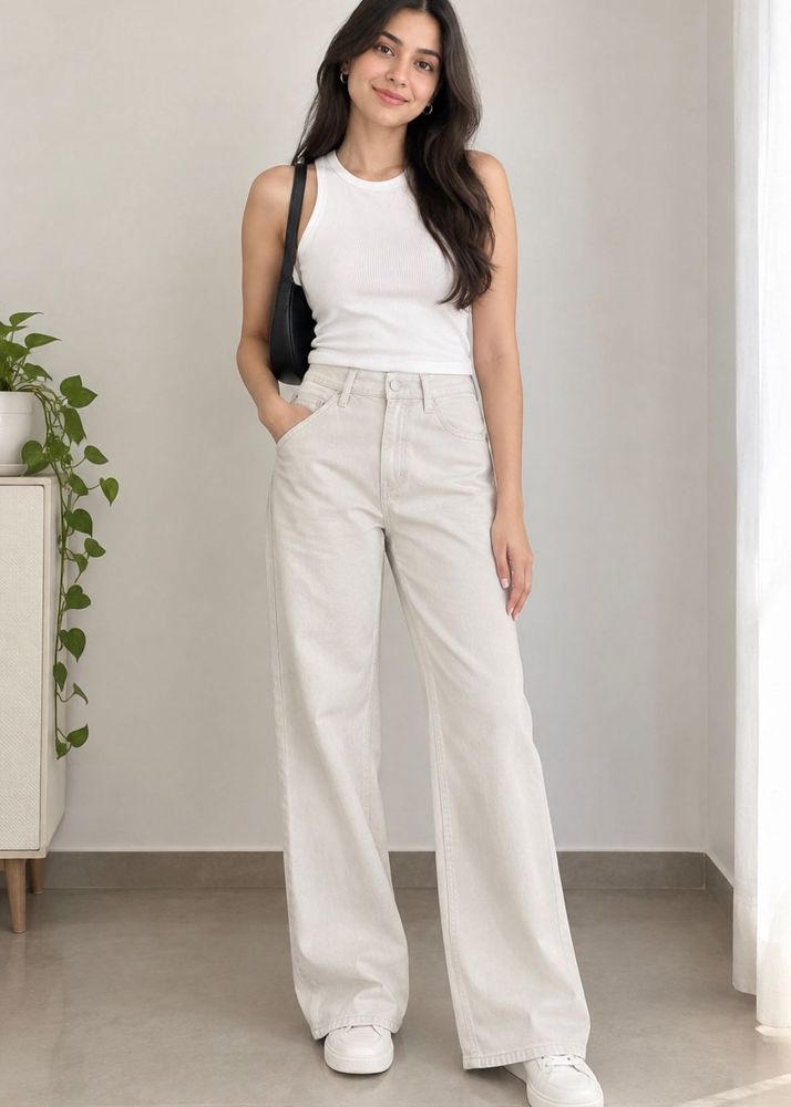 H&amp;M Cream Wide Leg Jeans