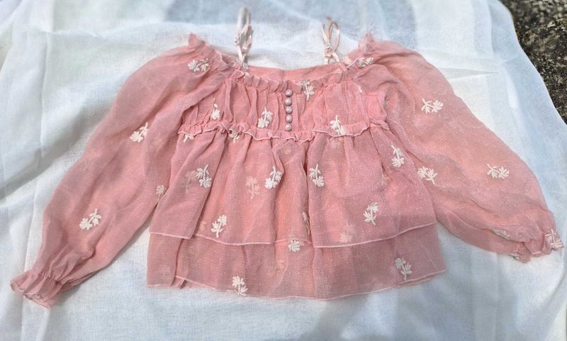 Korean Style Pastel Pink Floral Embroidered top