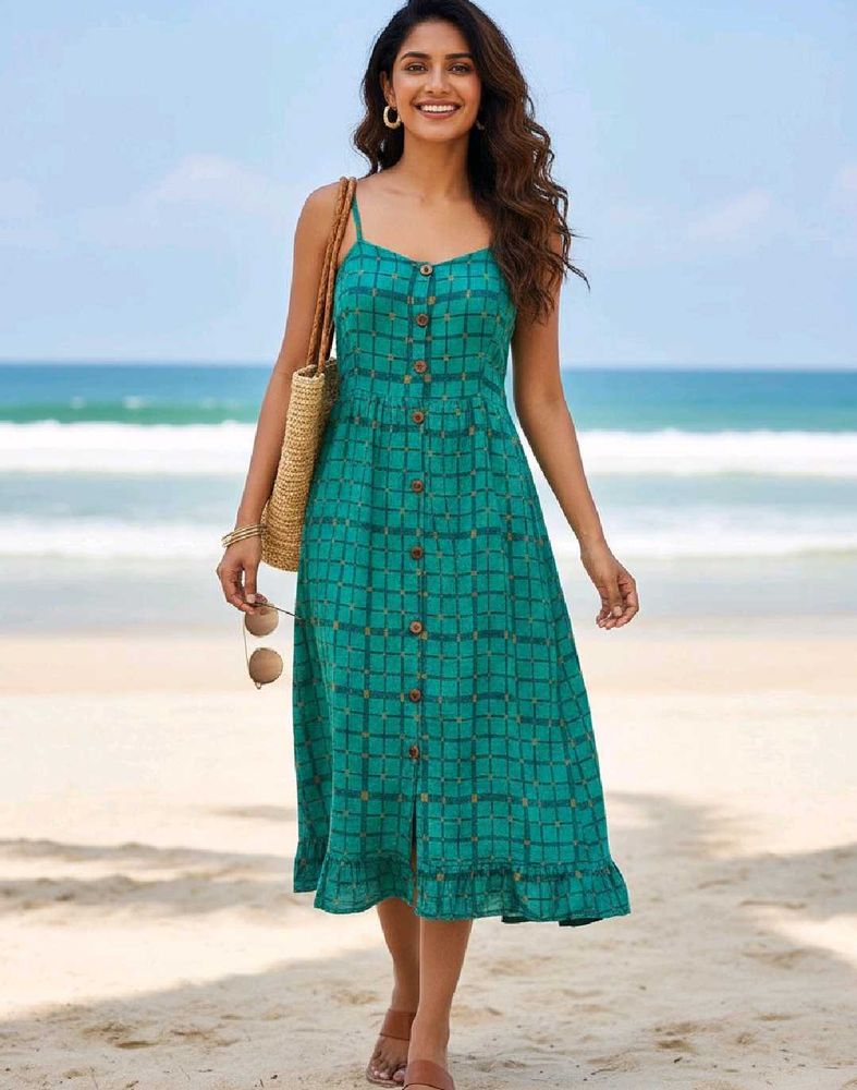 Chic Teal Grid Print Midi Dress