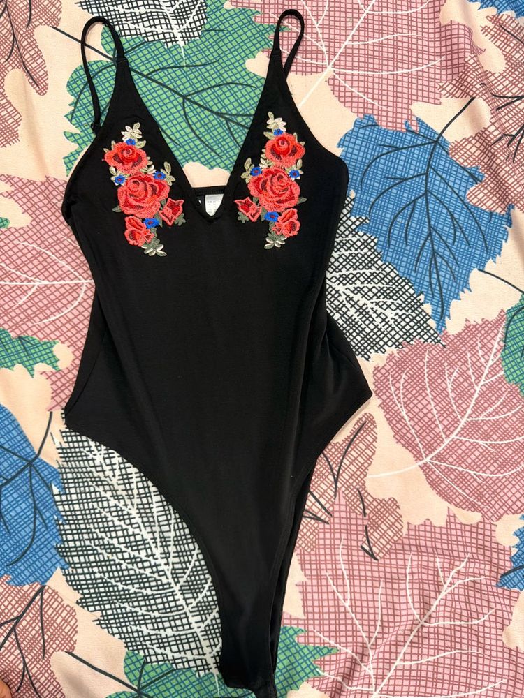 H&amp;M black rose Embroidered Bodysuit