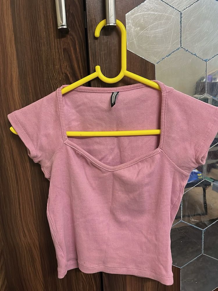 Pink Ribbed Square Neck Crop Top