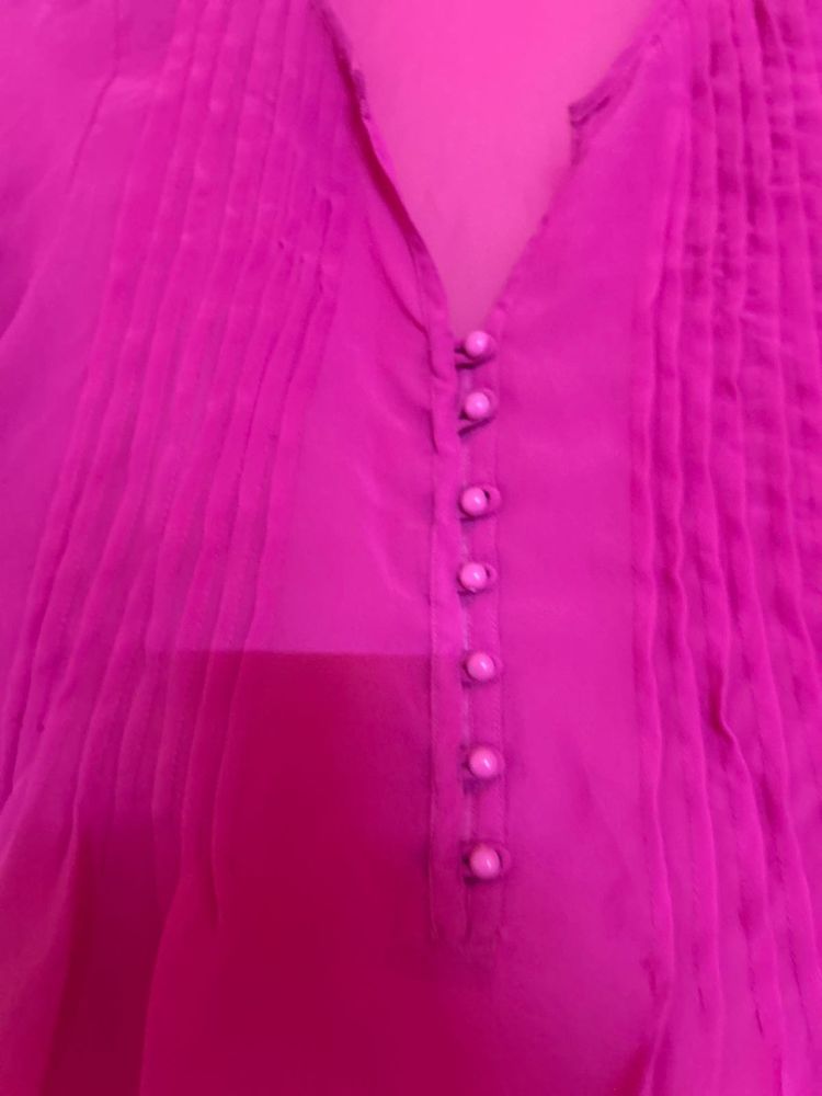 Hot Pink Pleated Button-Up Blouse