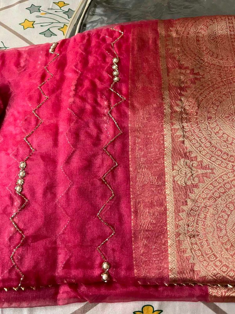 Vibrant Pink Silk Saree with Gold Weave