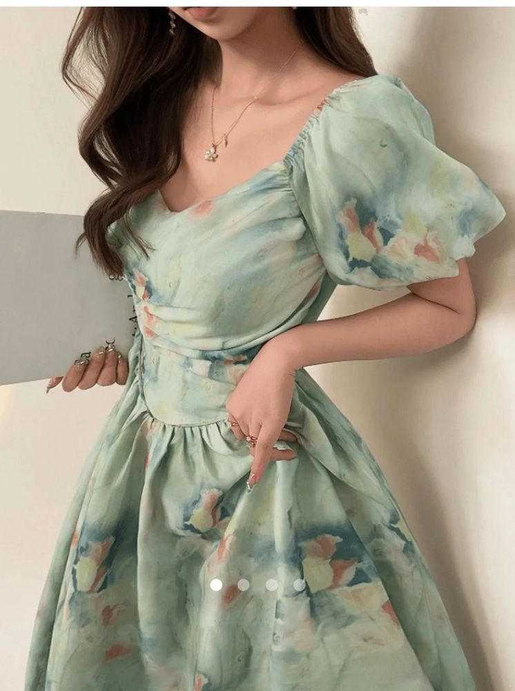 Flowy Puffed Sleeve Floral Print Dress