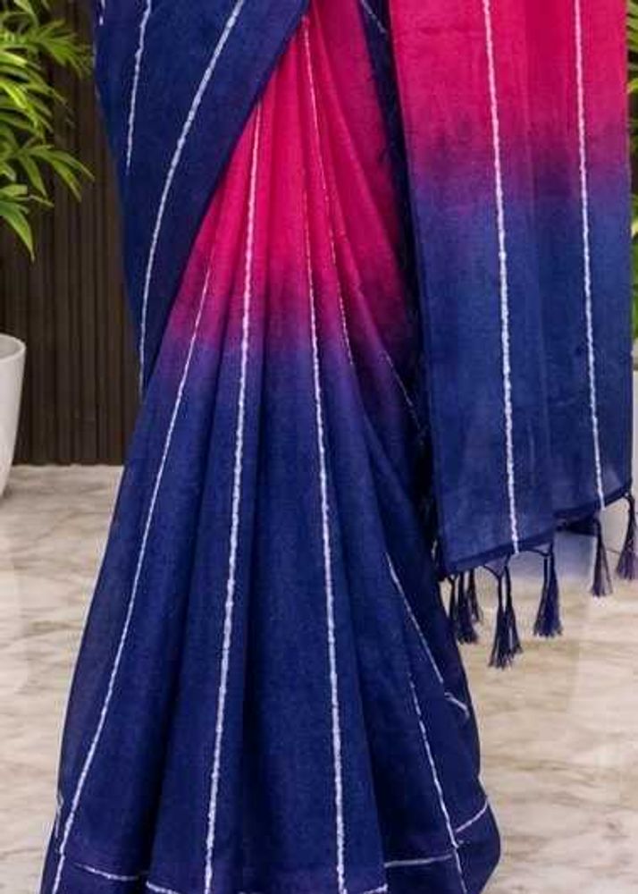 Ombre Blue &amp; Pink Saree with White Stripes