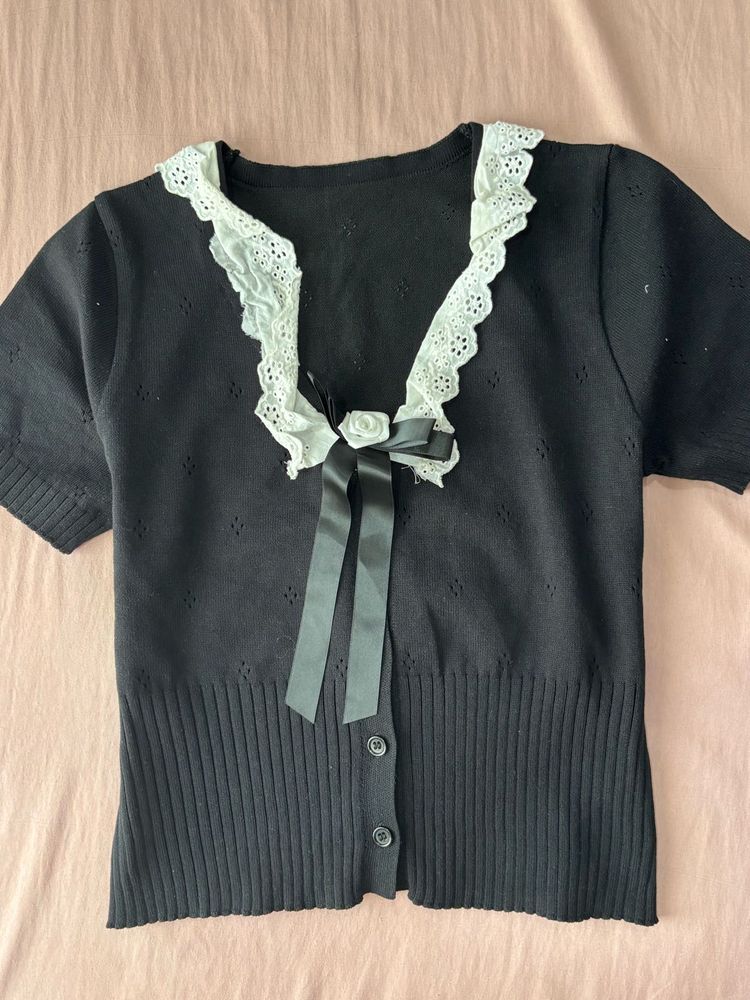 coquette Black Button-Up top with Lace Trim