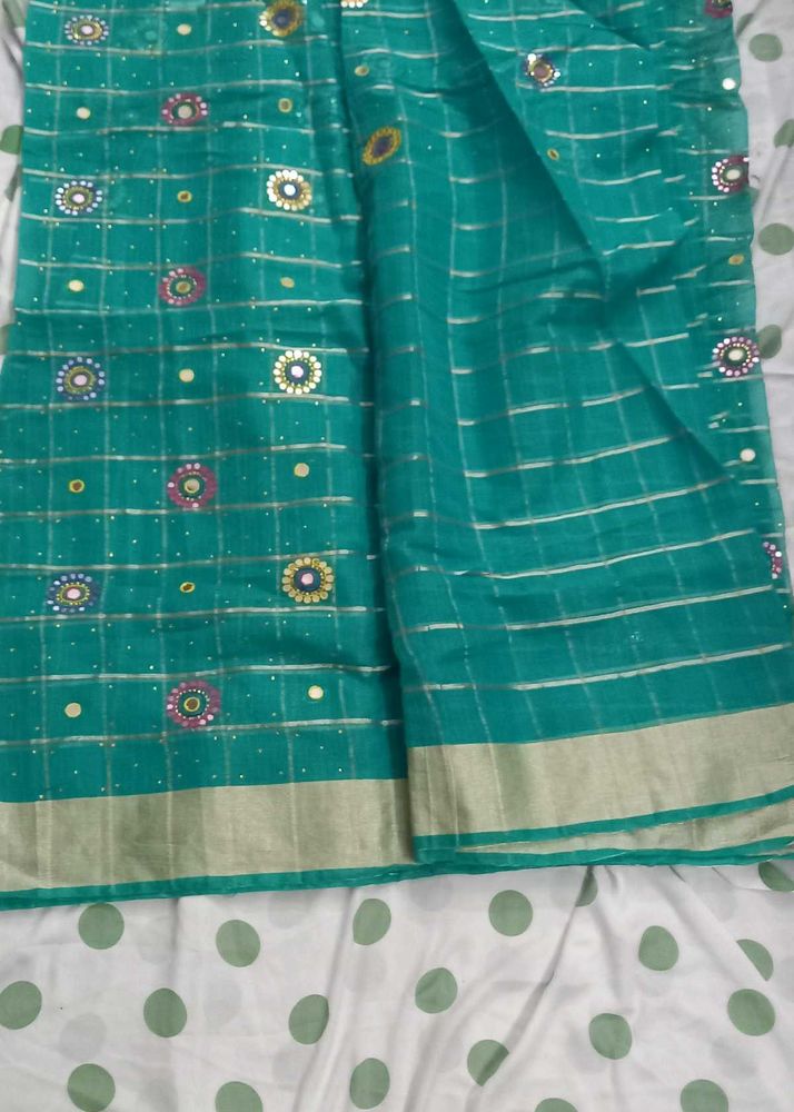 Beautiful Teal Saree with Mirror Work