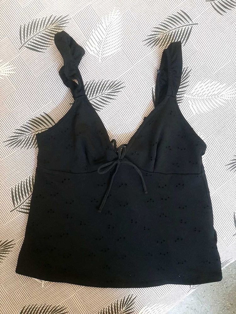 H&amp;M pointelle knit ruffle strap tie back top