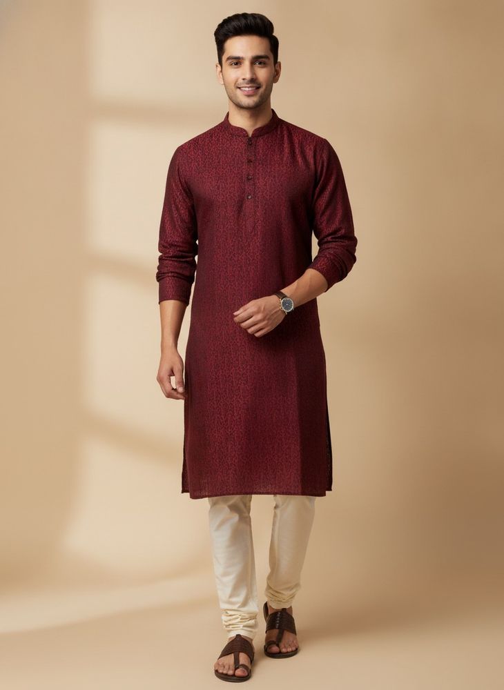 Men’s Printed Maroon Kurta