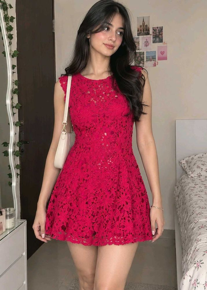 Maroon Floral Crochet Lace Mini Dress