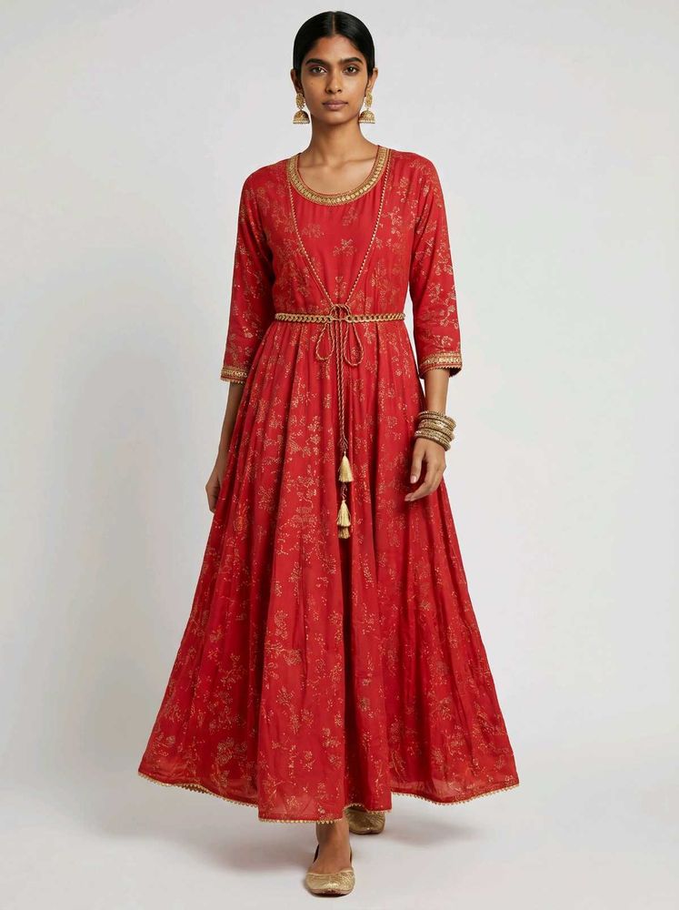 Red Printed A Line With Jacket Kurta