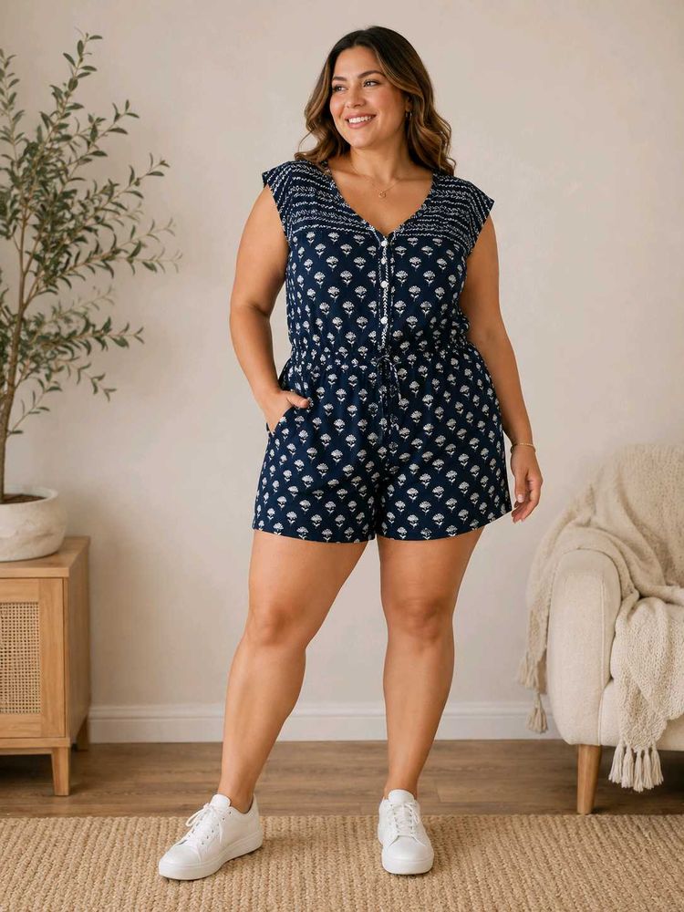Navy Blue Printed Short Jumpsuit