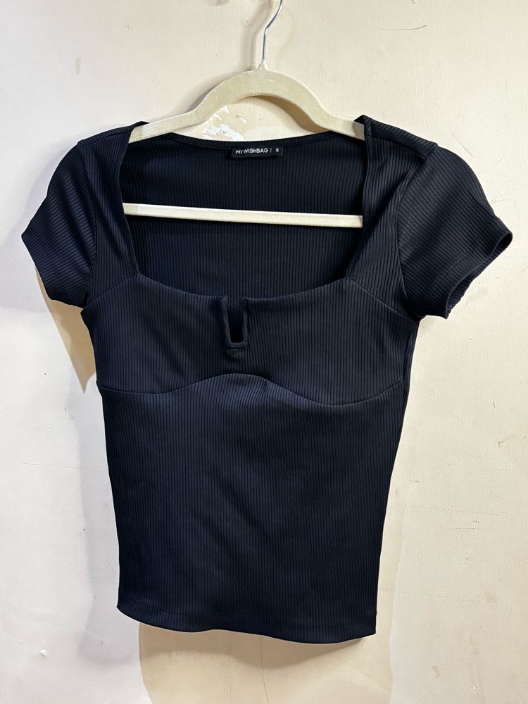 Chic Black Ribbed Square Neck Top
