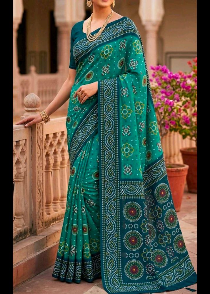 Teal Green Printed Bandhani Sari with blouse piece