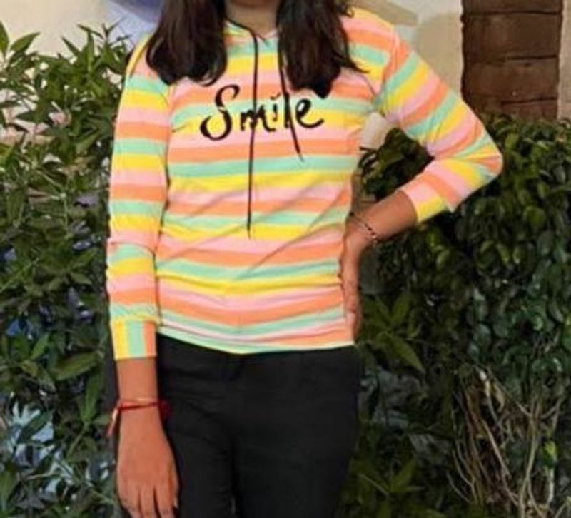 Colorful Striped Hoodie with 'Smile' Graphic