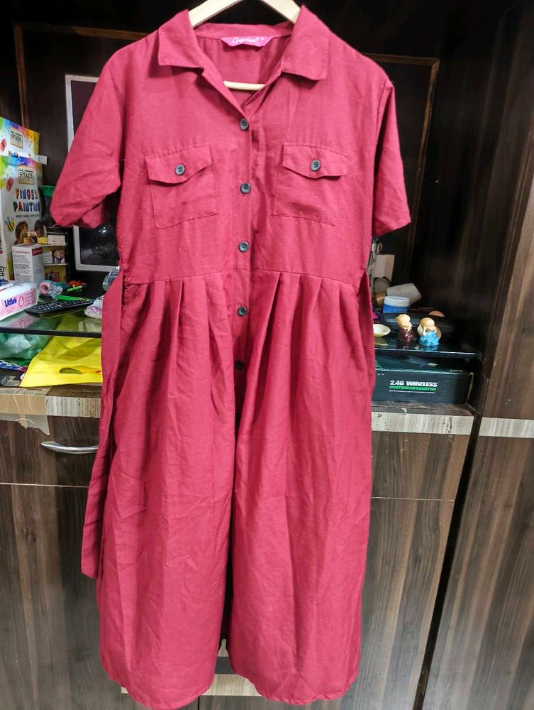 Maroon Button-Up Midi Dress
