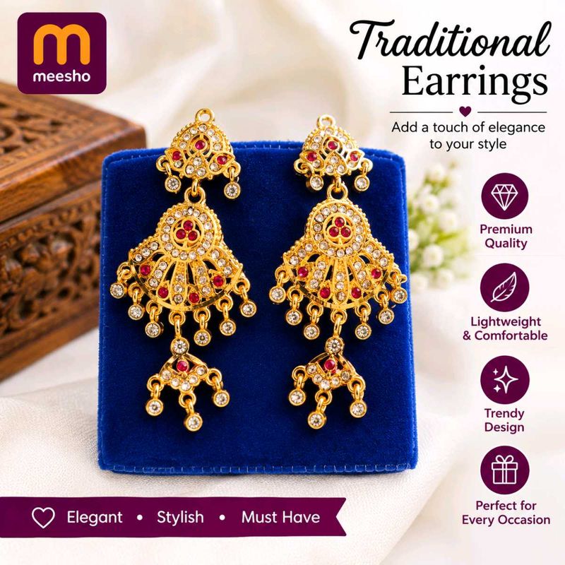 Traditional Gold Tone Earrings with Red Stones