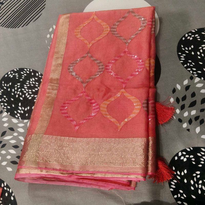 Elegant Coral Saree with Sequins
