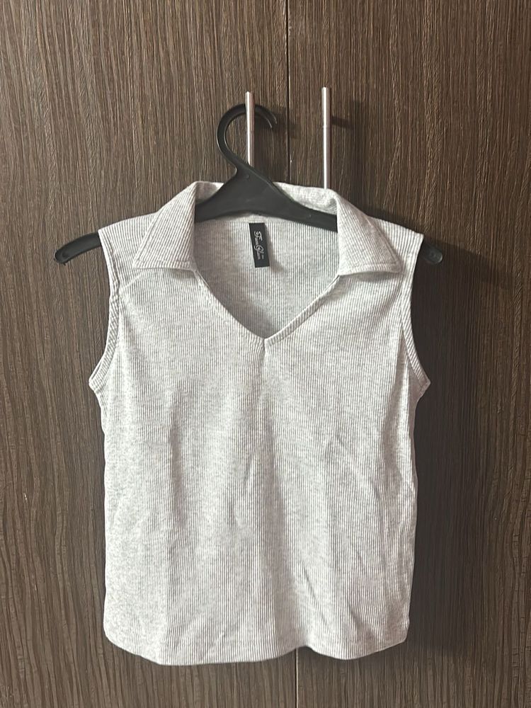 Grey Ribbed Polo Tank