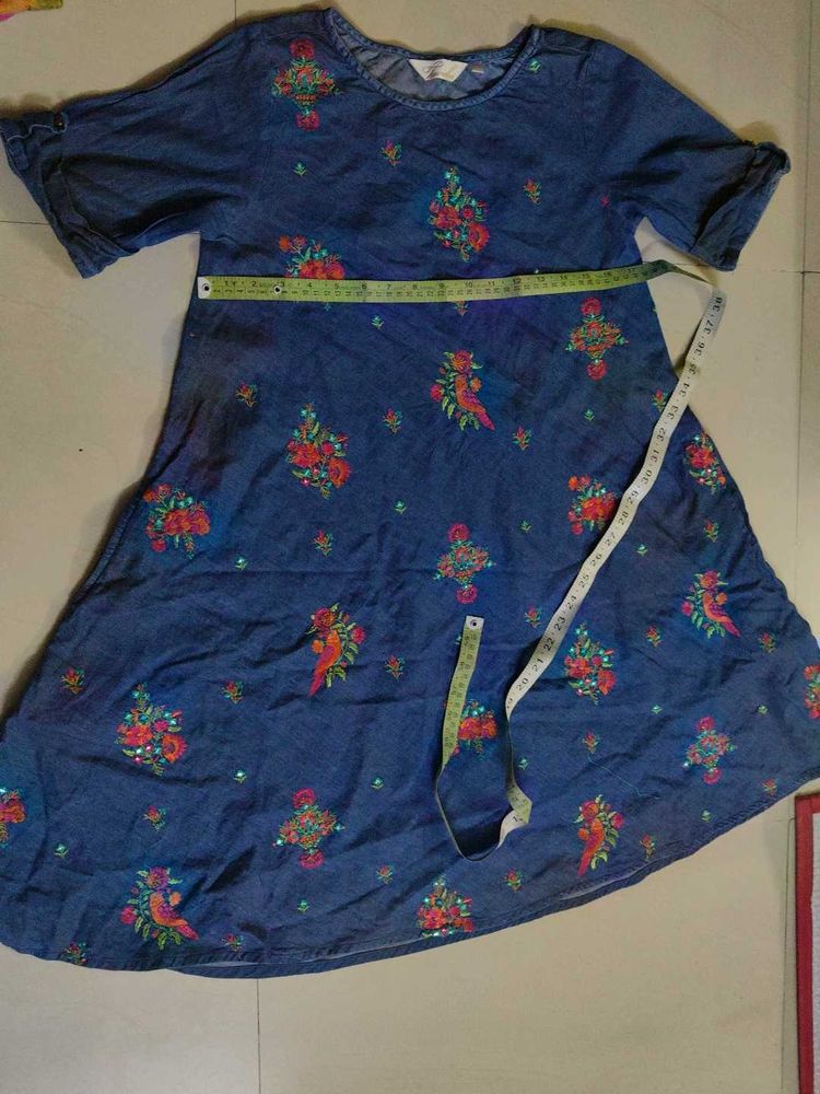 Denim Dress with Floral Print