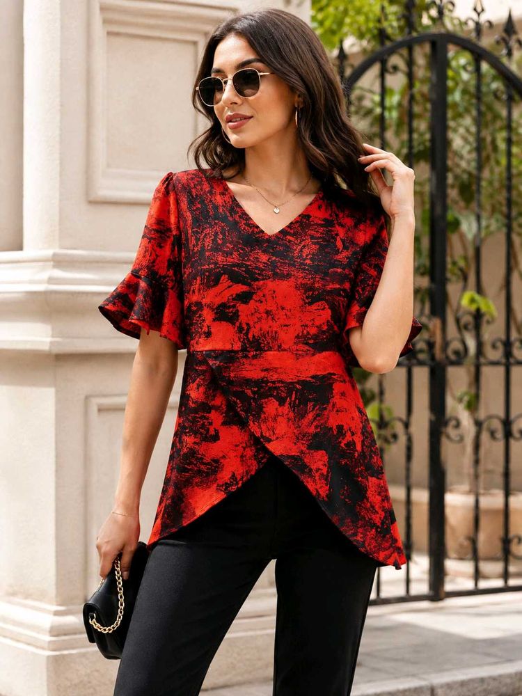 Stylish Red &amp; Black Abstract Print Top