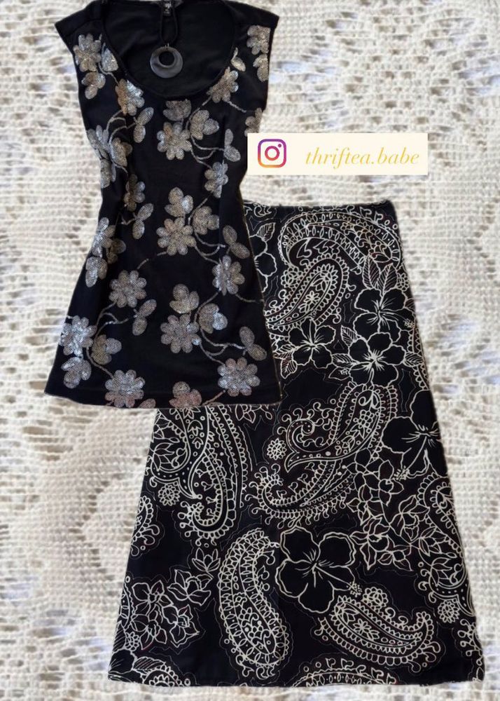 Sequin Floral Print Top &amp; Skirt Combo