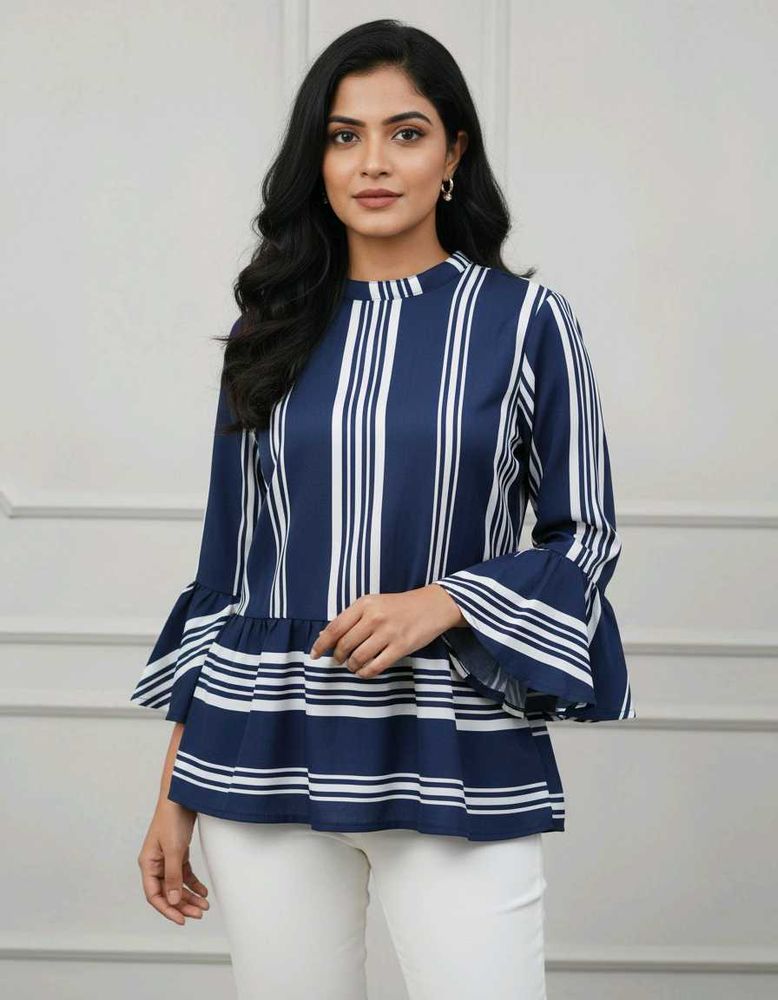 Striped Navy Blue Bell Sleeve Top
