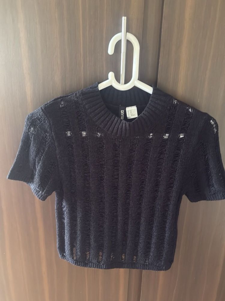 Black Cropped Mesh Knit Top