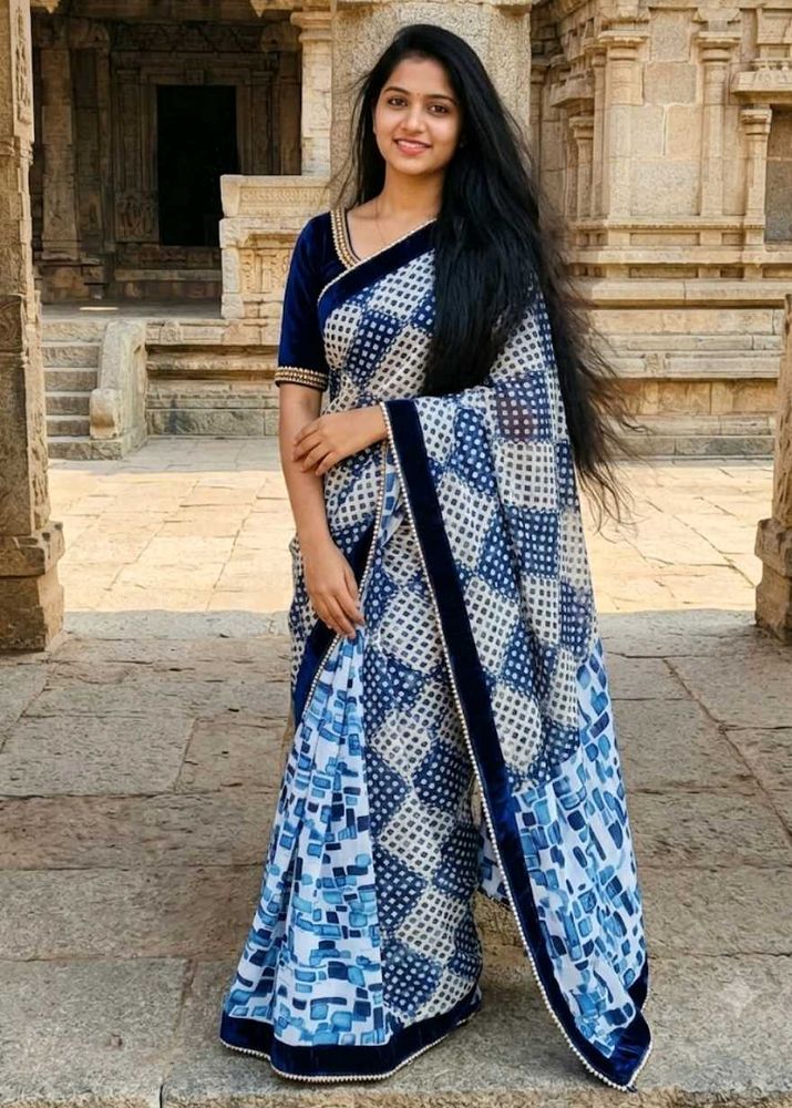 Elegant Blue &amp; White Saree