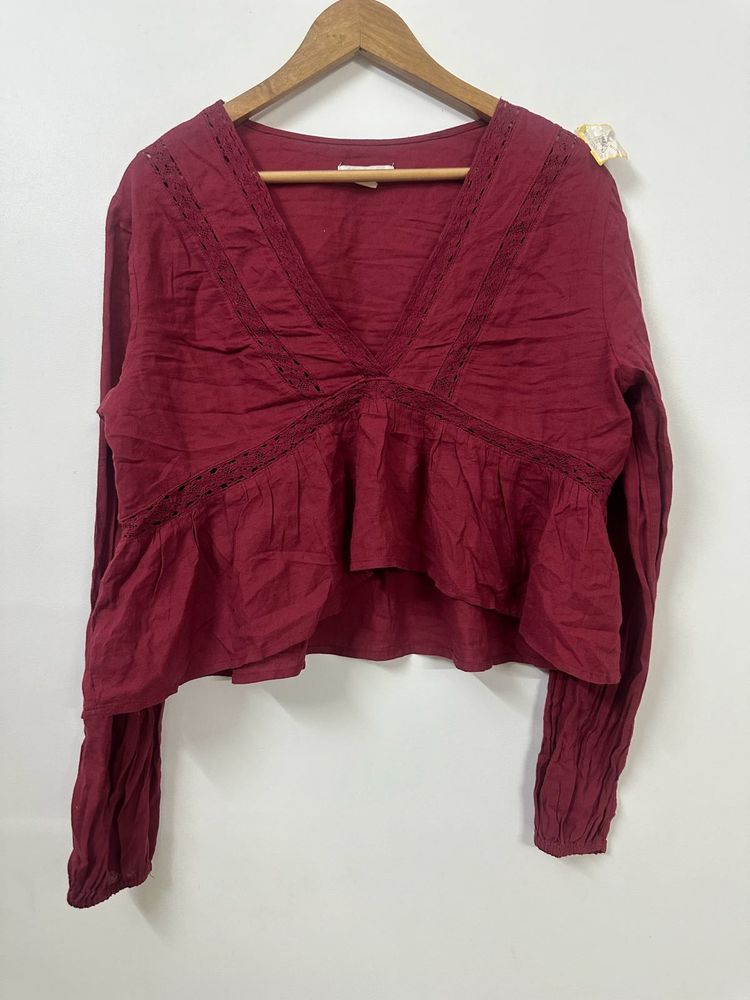 Maroon Lace Trim Peplum Top
