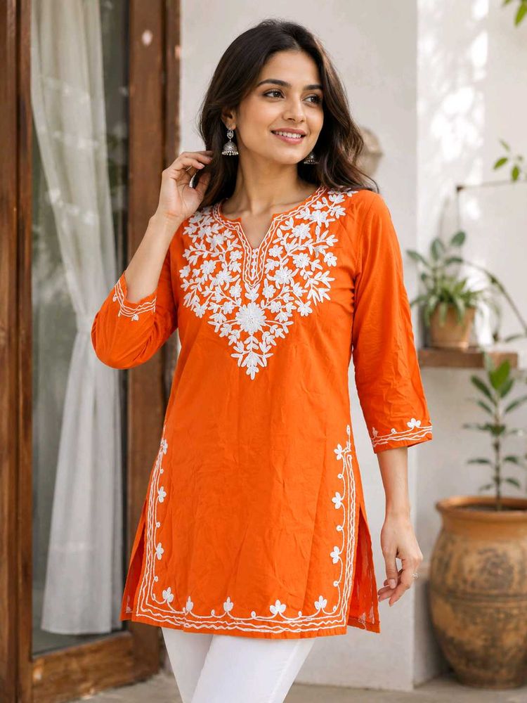 Orange Embroidered Cotton Kurta