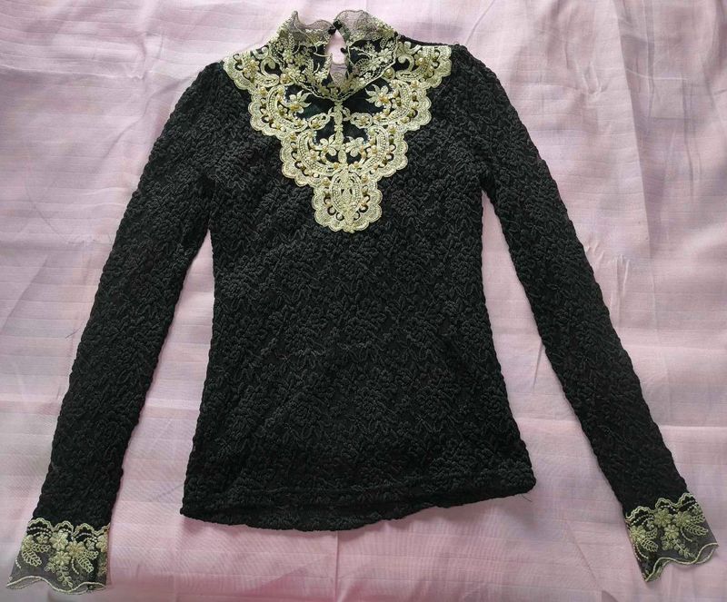 Black Embellished Neckline Top