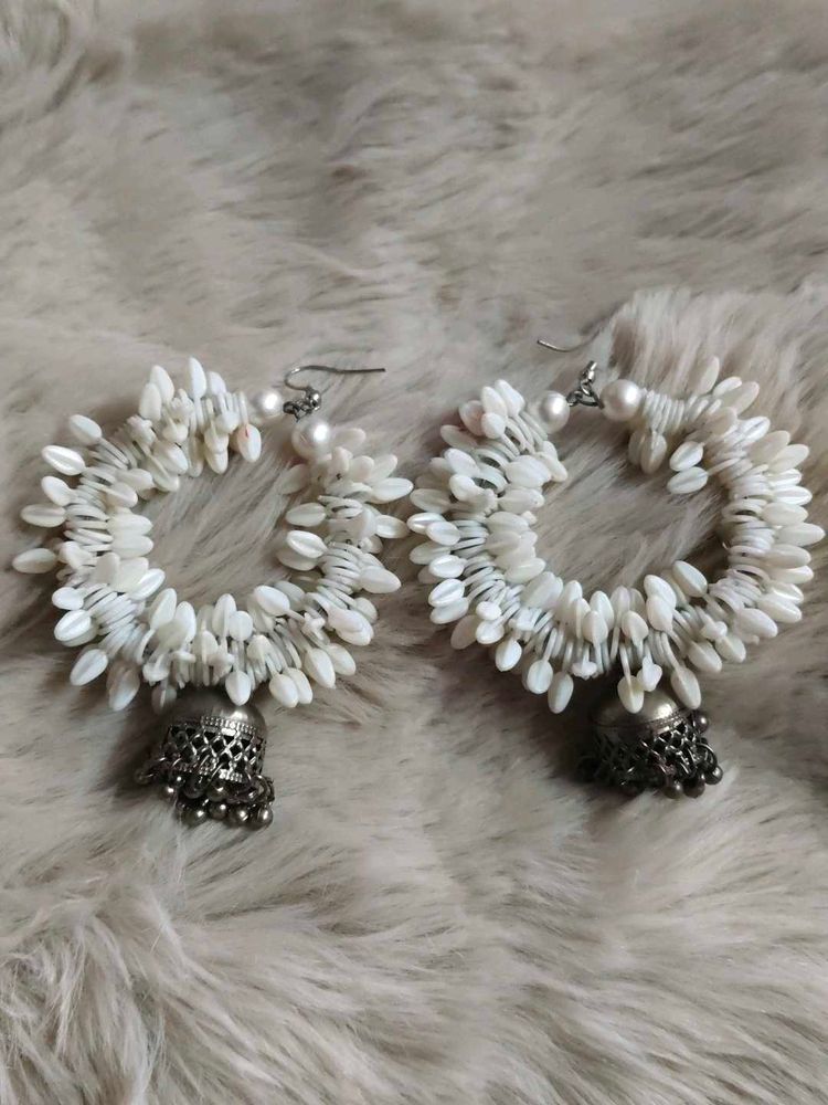 Unique White Hoop Earrings with Jhumkas