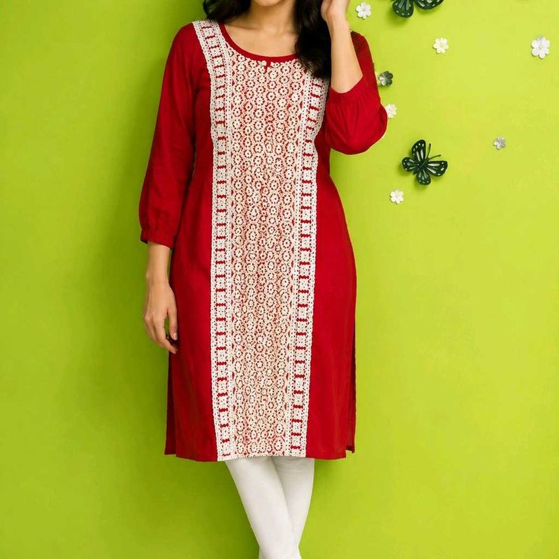Red Kurta with White Lace Detail